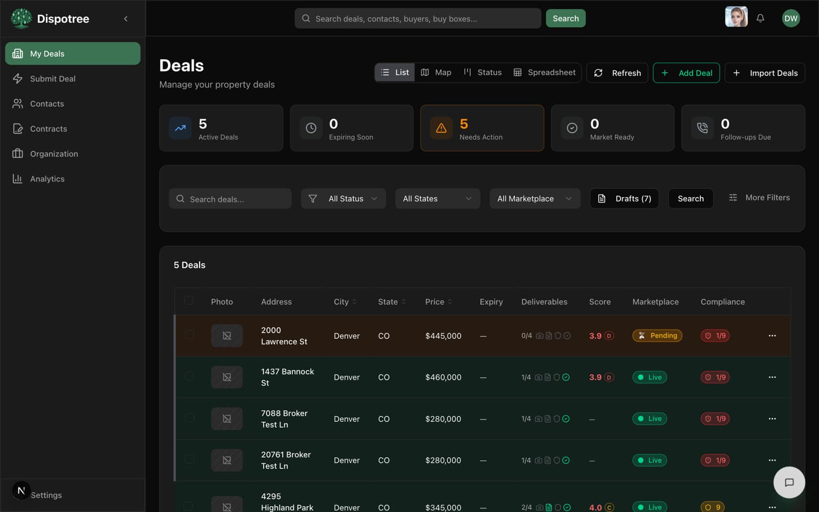 The deals list in Dispotree